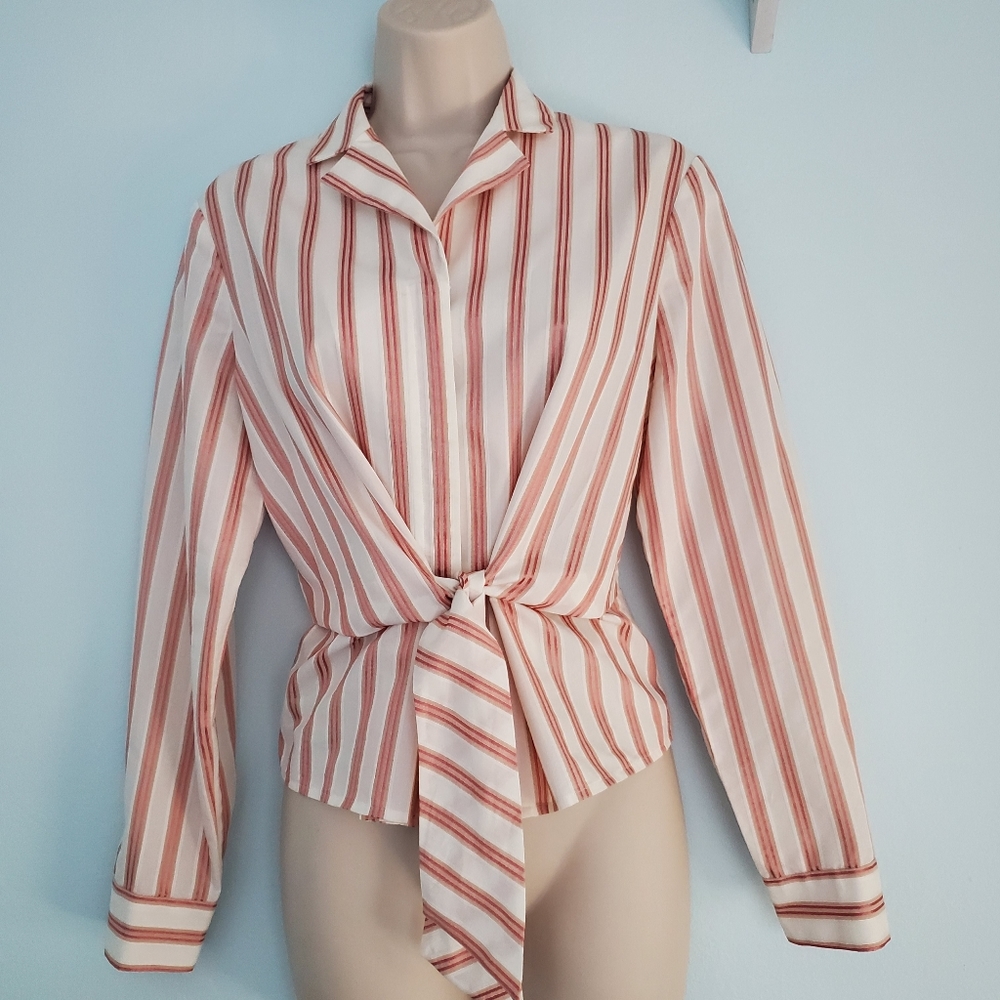 Jones New York Petites Red & White Striped Tie Waist Blouse